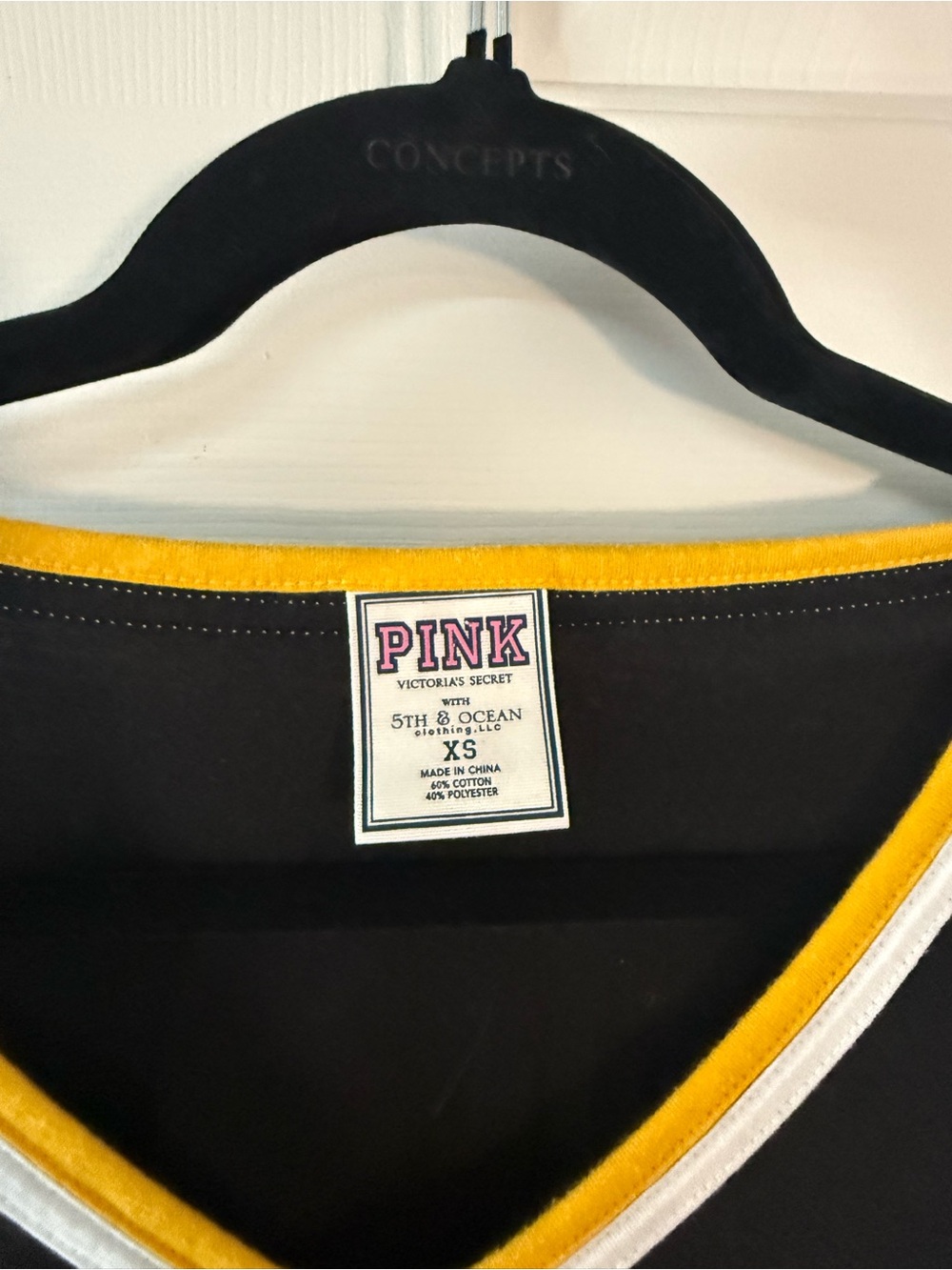 PINK Victoria's Secret Black V‑Neck Tee with Yellow Trim
